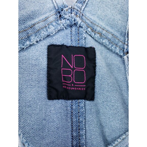 No Boundaries Juniors XXL Checkered Denim Shortalls Frayed Hem Blue Overalls - Picture 5 of 7